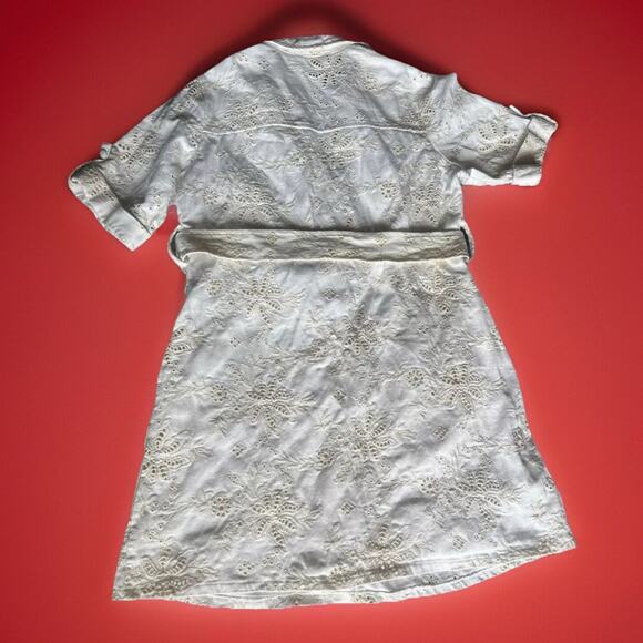 Solitaire Women Denim Dress S White Floral Belted Short Sleeve w/ Pockets - Picture 3 of 16